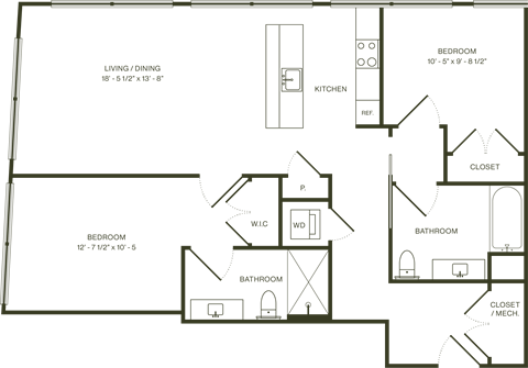 Floor plan for 2 beds, 2 baths, 1035 sqft